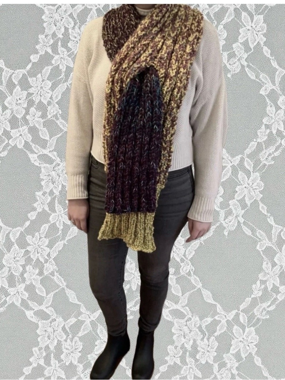 Hand Knit Keyhole Scarf Double Knit Homespun Gold Acrylic & Red Wine Rowan Wool